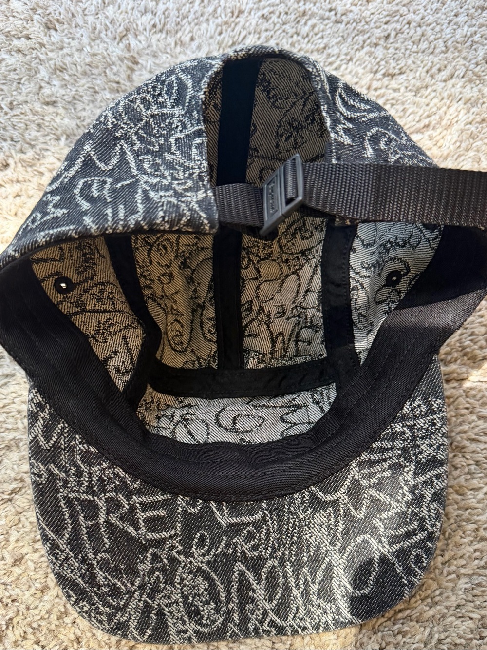 Supreme Black & White Script Pattern Strapback Cap - Picture 2 of 5